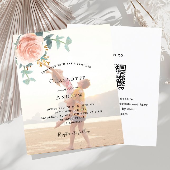 Photo rose gold floral QR RSVP wedding invitation (Creator Uploaded)