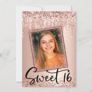 Photo Rose Gold Glitter Drip Girly Modern Sweet 16 Invitation