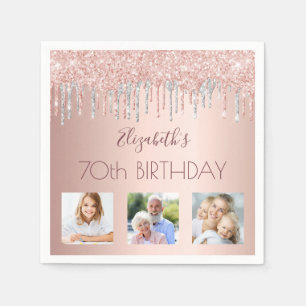 Photo rose gold glitter pink silver 70th birthday napkin