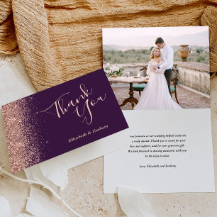 Photo Rose Gold Glitter Purple Wedding Thank You Card