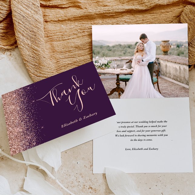 Photo Rose Gold Glitter Purple Wedding Thank You Card (Creator Uploaded)