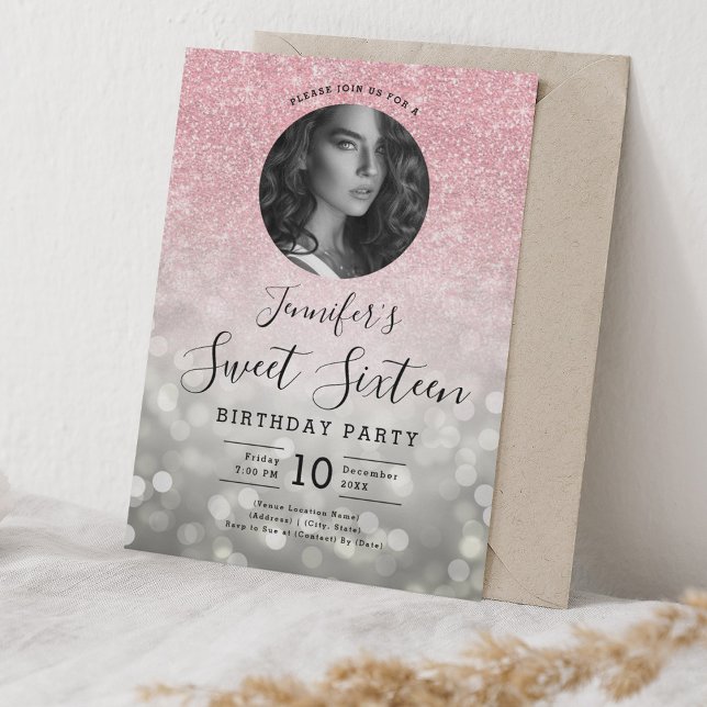 PHOTO Rose Gold Glitter Silver Bokeh Sweet 16  Invitation (PHOTO Rose Gold Glitter Silver Bokeh Sweet 16 Invitation)