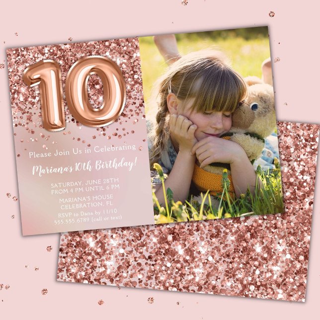 Photo Rose Gold Kids Girl 10th Birthday Party Invitation (Creator Uploaded)