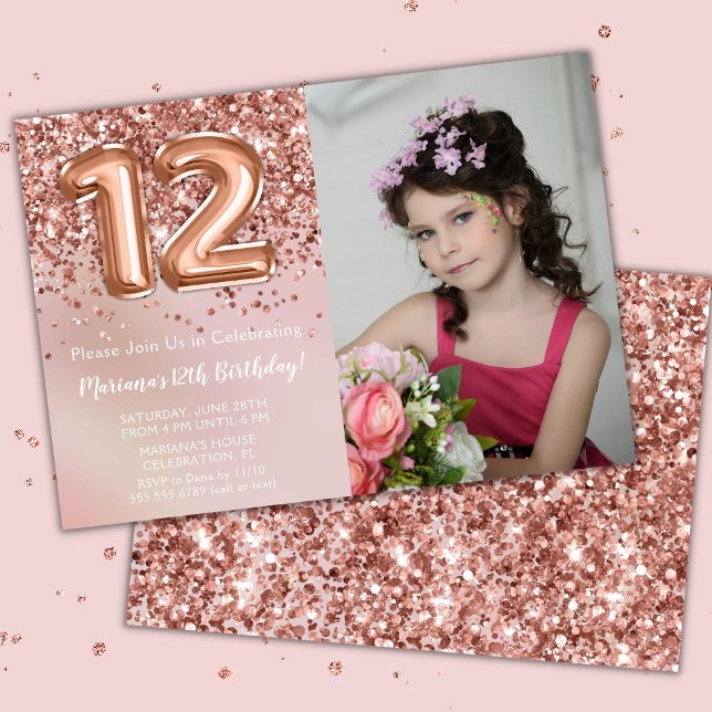 Photo Rose Gold Kids Girl 12th Birthday Party Invitation (Creator Uploaded)