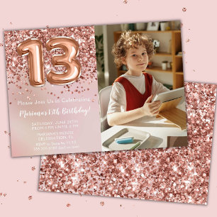 Photo Rose Gold Kids Girl 13th Birthday Party Invitation