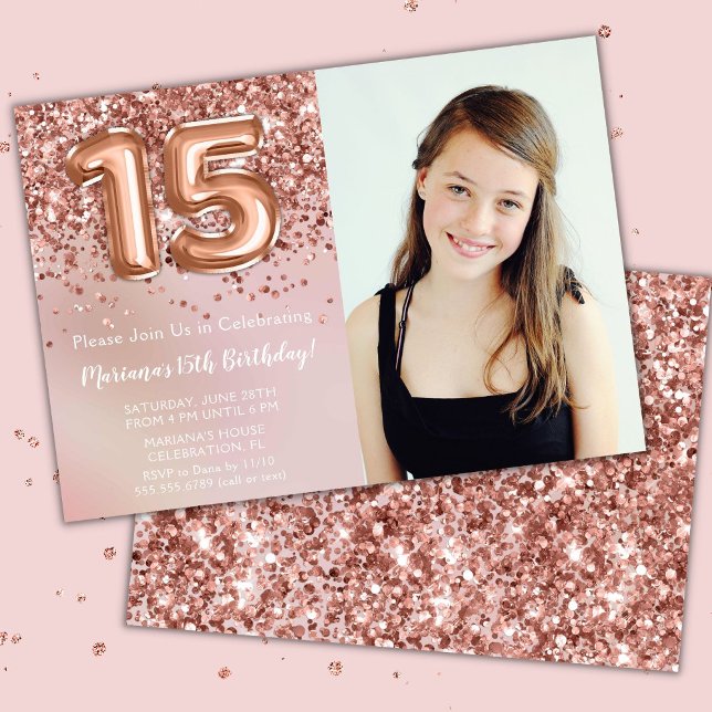 Photo Rose Gold Kids Girl 15th Birthday Party Invitation (Creator Uploaded)