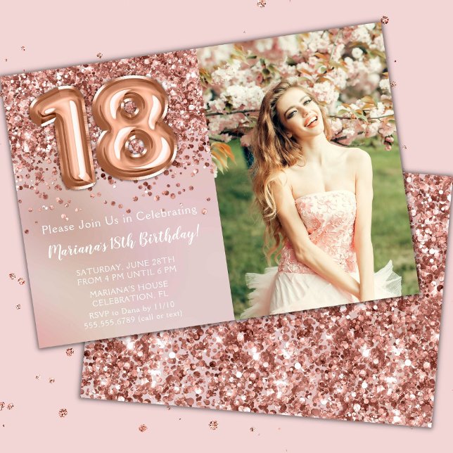Photo Rose Gold Kids Girl 18th Birthday Party Invitation (Creator Uploaded)