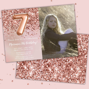 Photo Rose Gold Kids Girl 7th Birthday Party Invitation