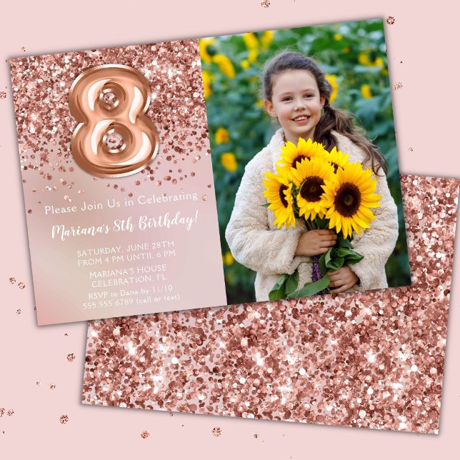 Photo Rose Gold Kids Girl 8th Birthday Party Invitation (Creator Uploaded)