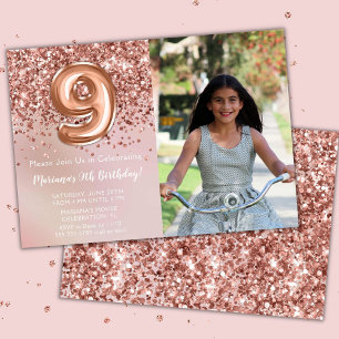 Photo Rose Gold Kids Girl 9th Birthday Party Invitation