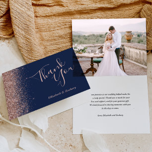 Photo Rose Gold Navy Blue Wedding Thank You Card