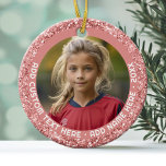 Photo - Rose Gold Pink Glitter Border for Girls Ceramic Tree Decoration<br><div class="desc">A single photo with a sparkle pink border. Add custom text around the photo in a simple easy-to-read font.</div>