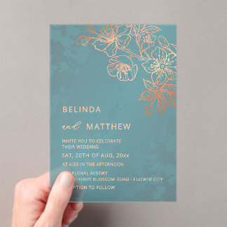 Photo Rose Gold Teal Transparent Wedding Acrylic Invitations