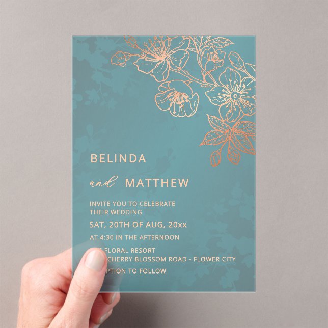 Photo Rose Gold Teal  Transparent Wedding Acrylic Invitations (Insitu (Handheld))