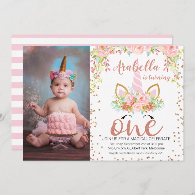 Photo Rose Gold Unicorn 1st Birthday Invitation (Front/Back)