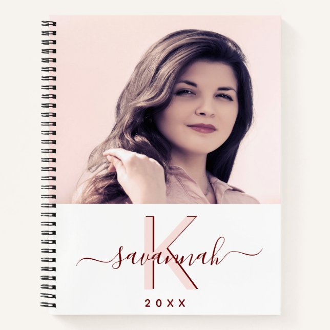 Photo rose gold white monogram script notebook (Front)