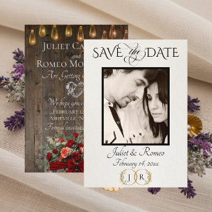 Photo, Roses & Leaf Monogram - Red Save The Date