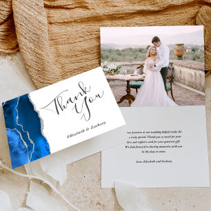 Photo Royal Blue Agate Silver Wedding Thank You Card