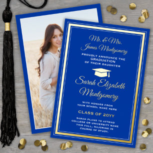 Photo Royal Blue Gold Foil Graduation Announcement