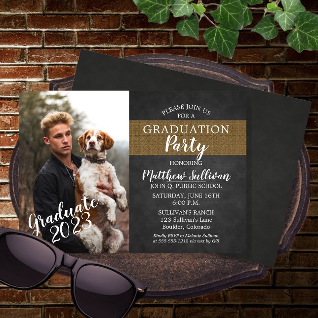 Photo Rugged Charcoal | Burlap Graduation Party Invitation (Creator Uploaded)