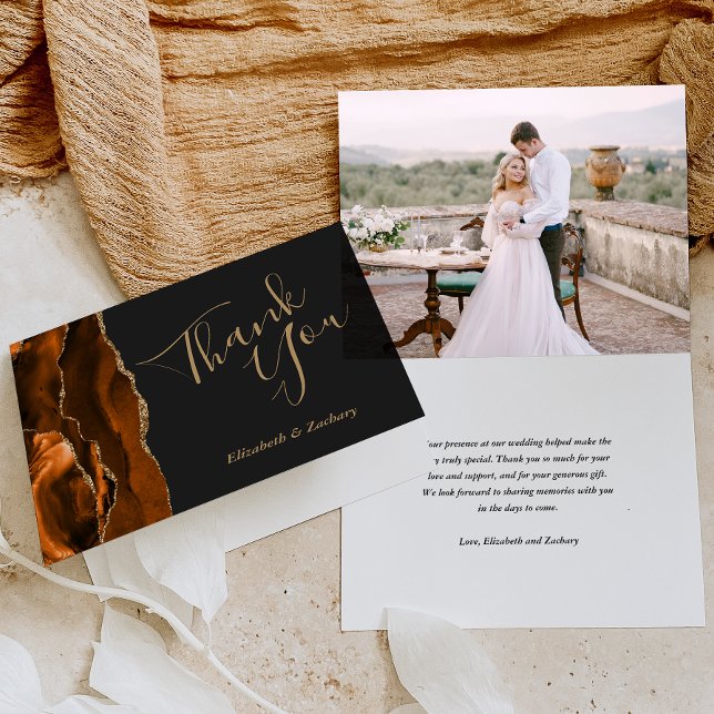 Photo Rust Agate Gold Dark Wedding Thank You Card (Creator Uploaded)