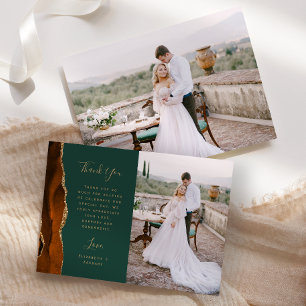 Photo Rust Agate Green Gold Script Wedding Thank You Card