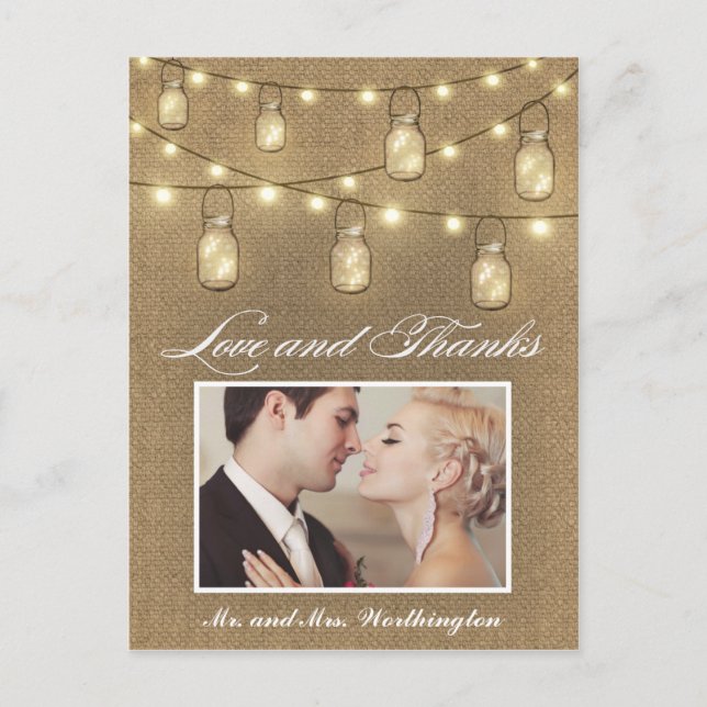 Photo Rustic Burlap Mason Jar Thank You Postcards (Front)
