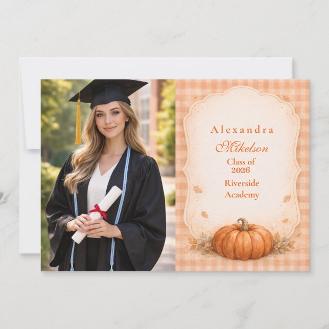 Photo Rustic Gingham Pumpkin Fall Graduation Announcement (Front)