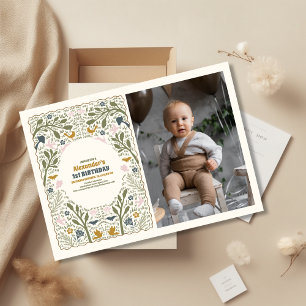 Photo Rustic Green Woodland Fern 1st Birthday Invitation