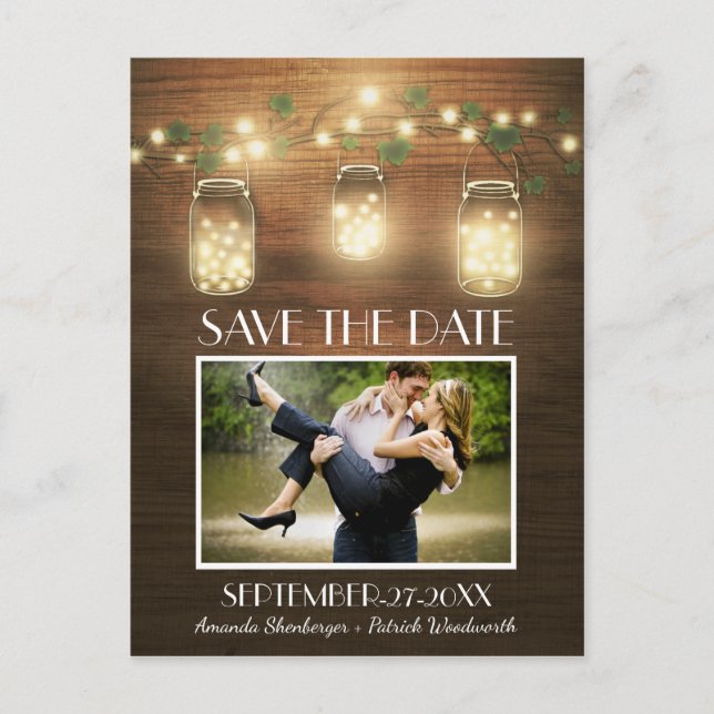 Photo Rustic Mason Jar Save the Date Postcards (Front)