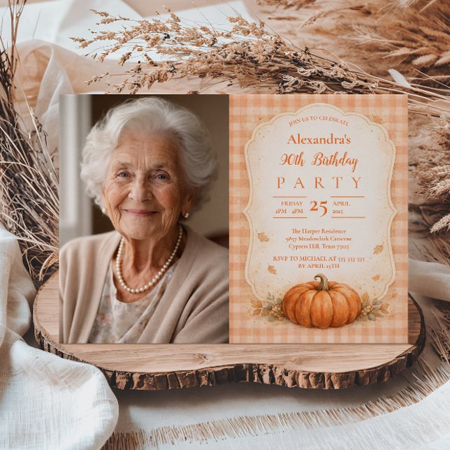 Photo Rustic Pumpkin Floral 90th Birthday Invitation (Creator Uploaded)