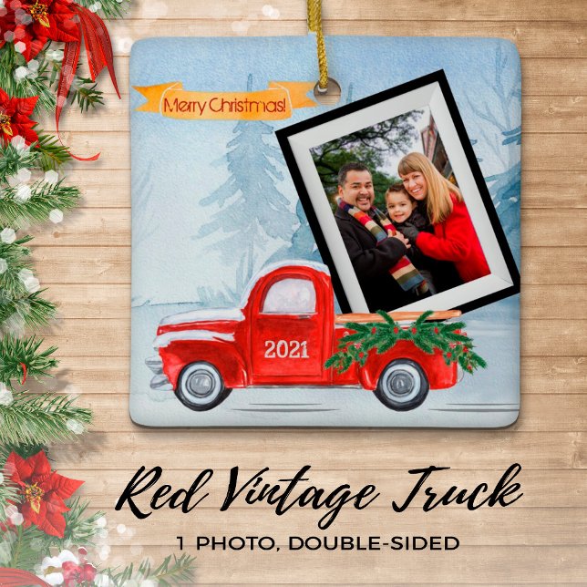 Photo Rustic Red Christmas Truck Unique Ceramic Ornament (Creator Uploaded)
