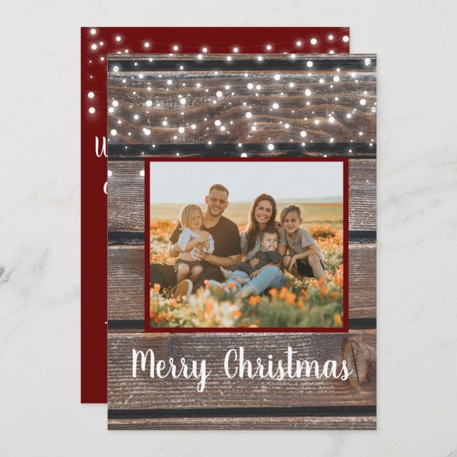 Photo Rustic String Lights Red Christmas card (Front/Back)