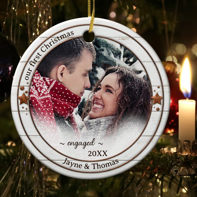 Photo Rustic White Wood Engagement Ornament (First Christmas together couple Christmas ornament with rustic white wood and stars)