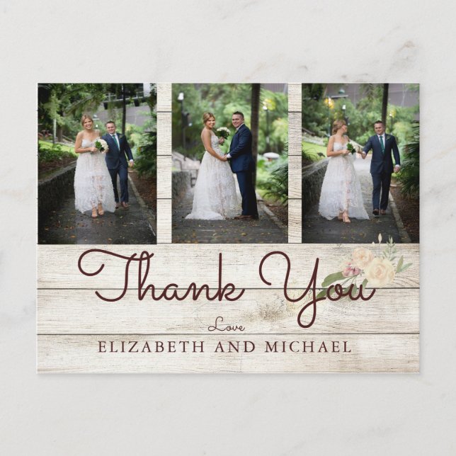 Photo Rustic Wood Floral  Wedding Modern Thank You Postcard (Front)