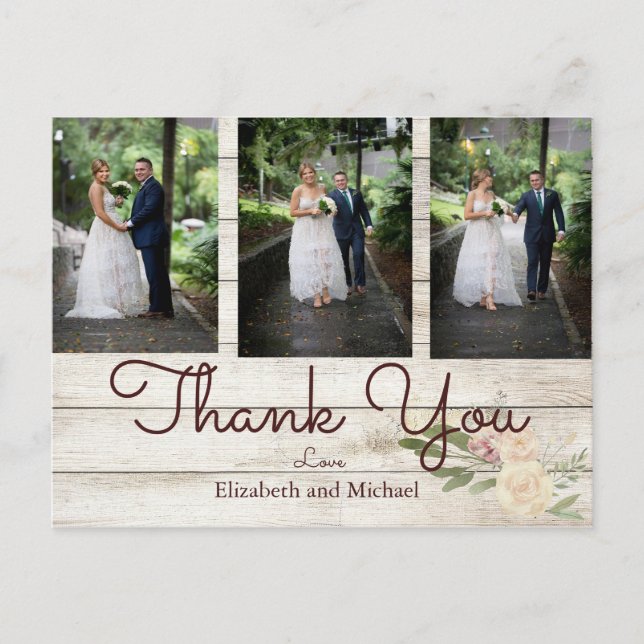 Photo Rustic Wood Floral   Wedding Thank You Postcard (Front)