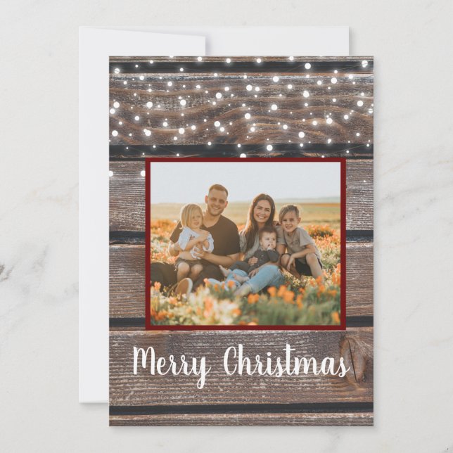 Photo Rustic Wood String Lights Christmas Holiday Card (Front)