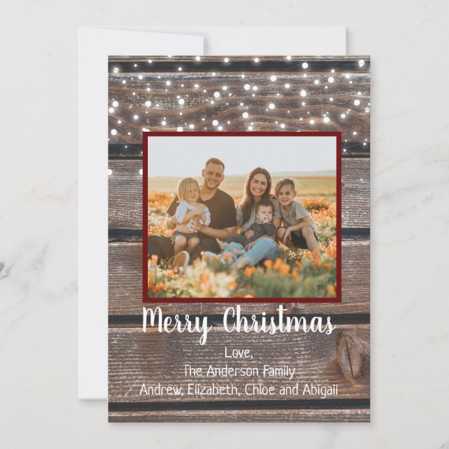 Photo Rustic Wood String Lights Christmas Holiday  Card (Front)