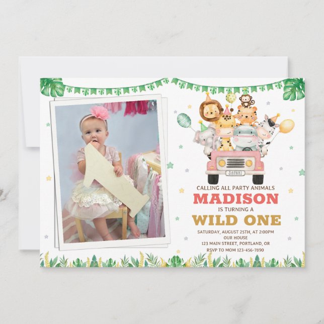 Photo Safari birthday invitation Wild one girl (Front)