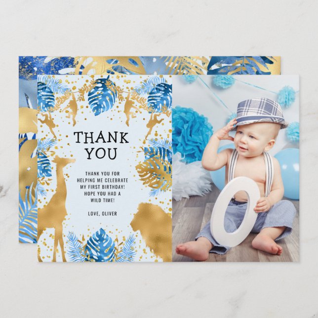 Photo Safari Blue 1st Birthday Thank You Card (Front/Back)