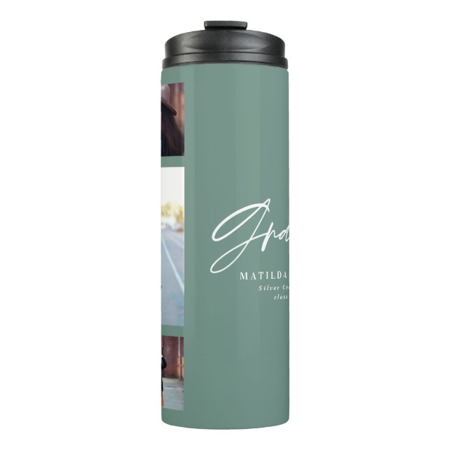 Photo sage green graduation script modern elegant thermal tumbler (Front)
