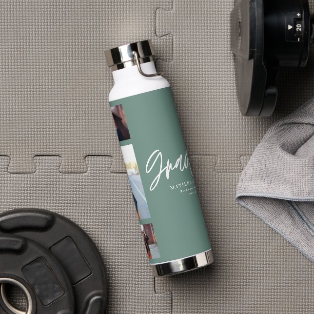 Photo sage green graduation script modern elegant water bottle (Gym)