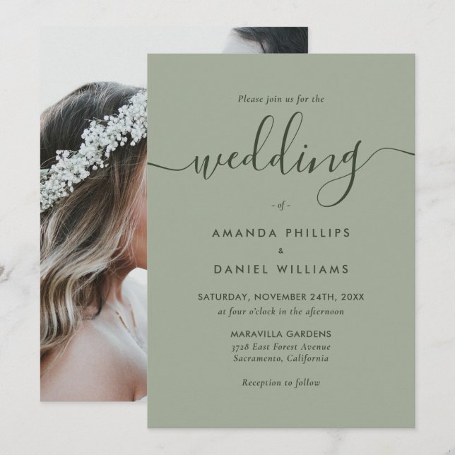 Photo Sage Green Modern Script Wedding Invitation (Front/Back)