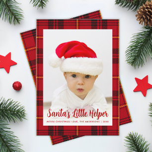 Photo Santa's Little Helper Red Tartan Christmas Holiday Card