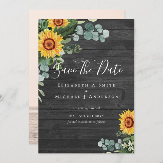Photo Save Date Rustic SUNFLOWERS Greenery (Front/Back)