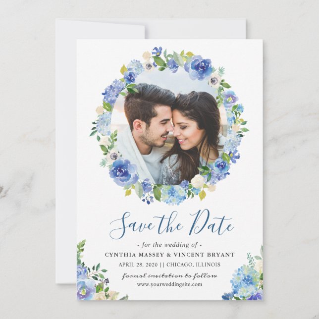 Photo Save the Date Blue Hydrangeas Floral Wreath (Front)