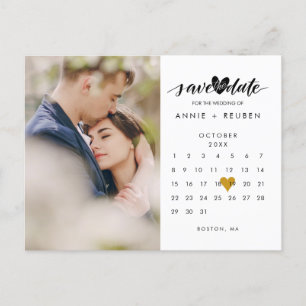 Photo Save the Date Calendar Elegant Gold Heart Announcement Postcard