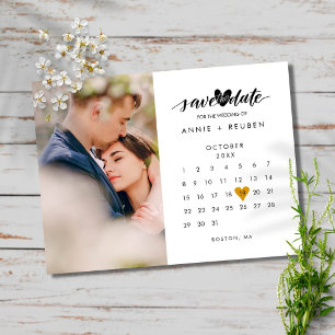 Photo Save the Date Calendar Gold Love Heart Postcard