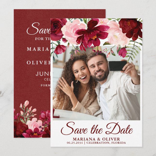 Photo Save the Date Card Burgundy Pink Floral (Front/Back)