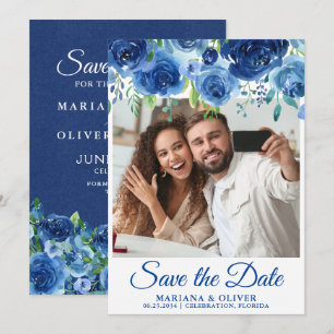 Photo Save the Date Card Navy Blue Floral